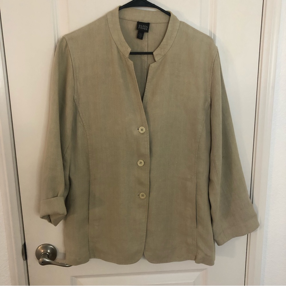 EILEEN FISHER 100% Linen Button Mandarin Collar Jacket Blazer Medium w pockets